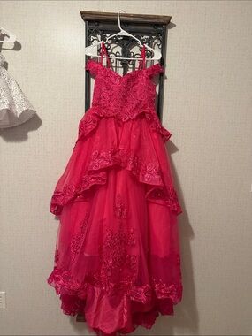 Girls Formal Hot Pink Lace & Tulle High-Low Dress